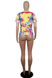 White Blue Yellow purple colour O Neck Short Sleeve Patchwork Print Character Tops