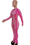 Rose Casual Print Patchwork O Neck Regular Jumpsuits