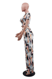 Light Gray Sexy Print Patchwork O Neck Short Sleeve Two Pieces