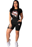 Red Fashion Active adult Ma'am Patchwork Print Two Piece Suits Lips Print pencil Short Sleeve Two Pieces