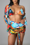 Blue Fashion Sexy Print Draw String Long Sleeve Four-piece Set
