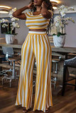 Blue White Fashion Casual Striped Print Basic O Neck Short Sleeve Two Pieces