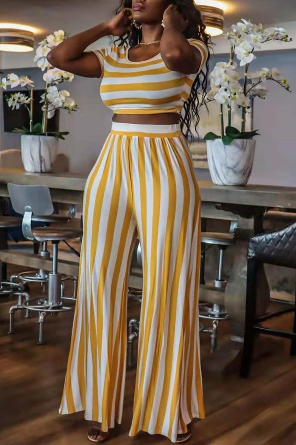 White Yellow Fashion Casual Striped Print Basic O Neck Short Sleeve Two Pieces