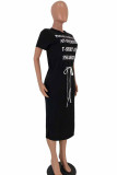 Black Fashion Casual Black Grey Pink Yellow Cap Sleeve Short Sleeves O neck Step Skirt Mid-Calf Print Character Dresses