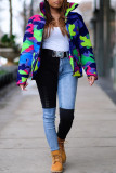 Green Turtleneck Camouflage Print Zippered Patchwork Spandex Print Long Sleeve Blazer & Suits &Jacket