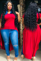 Red Fashion Sexy adult Ma'am Turndown Collar Patchwork Solid asymmetrical Stitching Plus Size