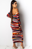 Orange OL Cap Sleeve Long Sleeves One word collar Hip skirt Ankle-Length Striped Club Dresses