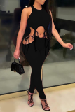 Black Sexy Solid Patchwork O Neck Sleeveless Two Pieces