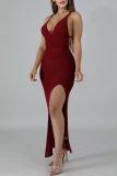 Red Sexy Solid Patchwork Spaghetti Strap Irregular Dress Dresses