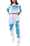 Green Fashion Casual Adult Print Patchwork O Neck Long Sleeve Regular Sleeve Short Two Pieces