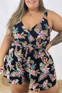 Black Casual Print Bandage Patchwork V Neck Plus Size Jumpsuits