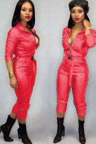 rose red Fashion Sexy Solid bandage zipper PU Long Sleeve Turndown Collar 