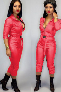 rose red Fashion Sexy Solid bandage zipper PU Long Sleeve Turndown Collar 