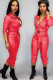 rose red Fashion Sexy Solid bandage zipper PU Long Sleeve Turndown Collar 