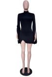 Black Fashion Sexy adult Bell sleeve Long Sleeves Turtleneck Step Skirt Mini split Patchwork Sol