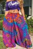 rose red Pink rose red colour Drawstring Mid Patchwork Print Loose Pants Bottoms