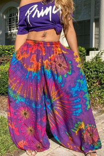 rose red Pink rose red colour Drawstring Mid Patchwork Print Loose Pants Bottoms