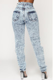 Grey Denim Zipper Fly Button Fly Mid washing Hole Zippered Pocket Skinny Pants Pants
