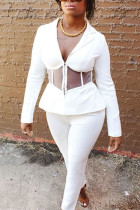 White Casual Solid Patchwork V Neck Long Sleeve Two Pieces