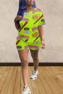 Green Fashion adult Street Letter Patchwork Print Two Piece Suits Straight Short Sleeve Two Pieces