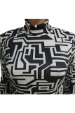 Black Sexy Two Piece Suits Patchwork Striped pencil Long Sleeve
