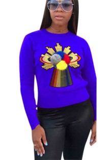 Royal blue Fashion Casual Regular O-Neck Full Patchwork Slim Tees & T-shirts
