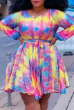 Purple Fashion Casual Plus Size Print Basic O Neck Long Sleeve Dresses