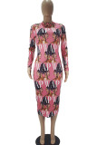 Yellow Fashion Casual Adult Print Patchwork O Neck Long Sleeve Knee Length A Line Dresses