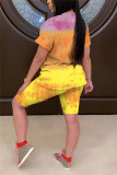 Yellow Casual Print Patchwork O Neck Short Sleeve Two Pieces
