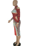 Red Milk. Fashion adult Ma'am Street Cap Sleeve Long Sleeves O neck Step Skirt Knee-Length Print Dresses