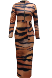 Tiger Pattern Sexy Animal Print Patchwork Zipper Collar Pencil Skirt Dresses