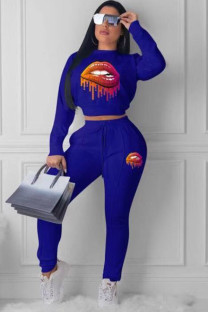 Blue OL Two Piece Suits Print pencil Long Sleeve Two-piece Pants Set