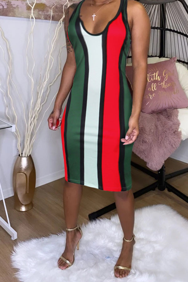 Red Fashion Sexy Red Blue Pink Yellow Wine Red Navy Blue Tank Sleeveless V Neck Hip skirt Knee-Length Striped Dresses
