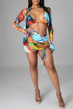 Blue Fashion Sexy Print Draw String Long Sleeve Four-piece Set