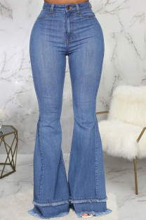 Blue Sexy Solid Ripped High Waist Boot Cut Denim