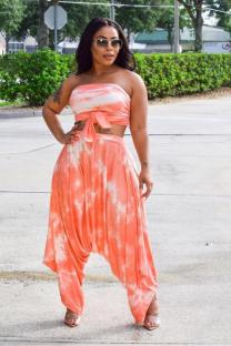Orange Sexy Fashion crop top Slim fit Two Piece Suits asymmetrical Tie Dye Regular Sleeveless Tw