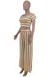 Blue White Fashion Casual Striped Print Basic O Neck Short Sleeve Two Pieces