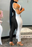 Black Fashion Casual Patchwork Basic O Neck Regular Jumpsuits