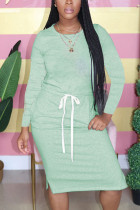 Light Green Fashion Casual Adult Solid Patchwork Draw String O Neck Long Sleeve Knee Length T-shirt Dress Dresses