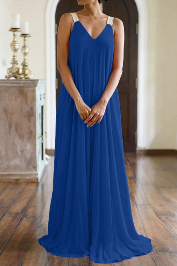 The cowboy blue Casual Solid Patchwork Spaghetti Strap Cake Skirt Dresses