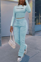 Sky Blue Casual Print Letter Turtleneck Long Sleeve Two Pieces