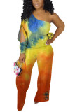 Orange Fashion Street Adult Milk Fiber Tie Dye Tie-dye One Shoulder Loose Jumpsuits