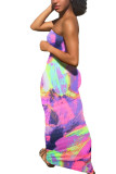 rose red Sexy Print Tie-dye Backless Strapless Pencil Skirt Dresses