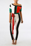Green Fashion Striped Half Sleeve one shoulder collar Jumpsuits