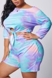 Blue Fashion adult Street V Neck Patchwork Print Two Piece Suits Stitching Plus Size