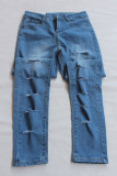 Dark Blue Fashion Casual Solid Ripped High Waist Jeans