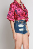 Red Nylon Turndown Collar Short Sleeve Patchwork Print Slim fit Button Tops