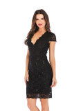 Wine Red Sexy Short Sleeves V Neck Slim Dress Knee-Length Solid 
