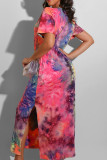 Pink Europe and America Short Sleeves O neck Pencil Dress Ankle-Length Print Tie and dye Dresses