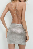 Gold Fashion Sexy Solid Backless Spaghetti Strap Sling Dress